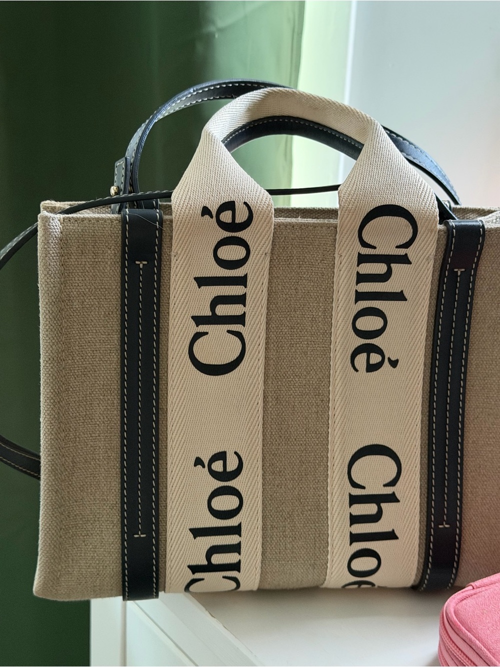 Chloé Beige Canvas Tote with Black Trim and Logo Straps